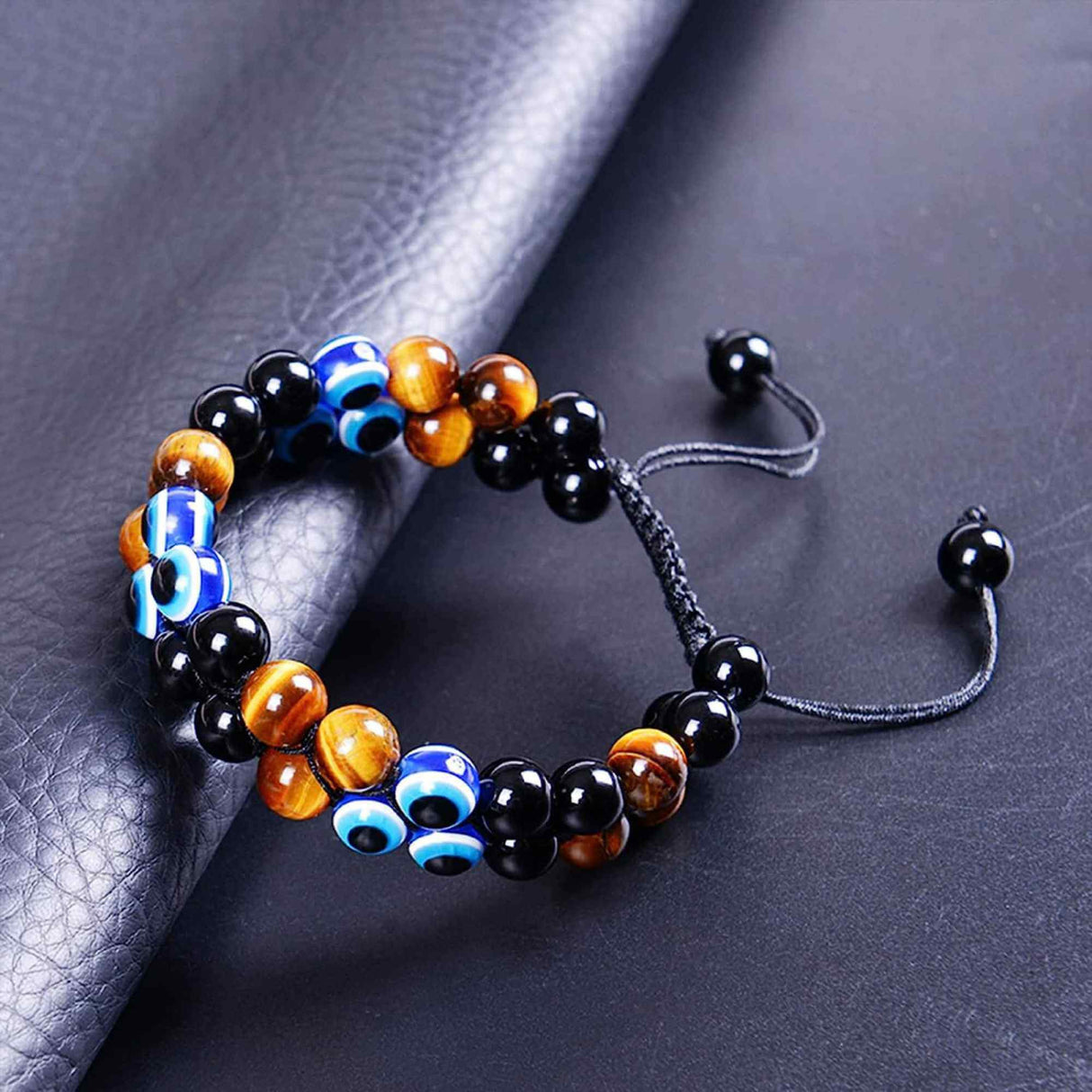 Bratara cu tripla protectie din pietre naturale 8mm Ochi de tigru natural, Obsidian negru si "Ochiul rau" - Pentru noroc si prosperitate, fericire