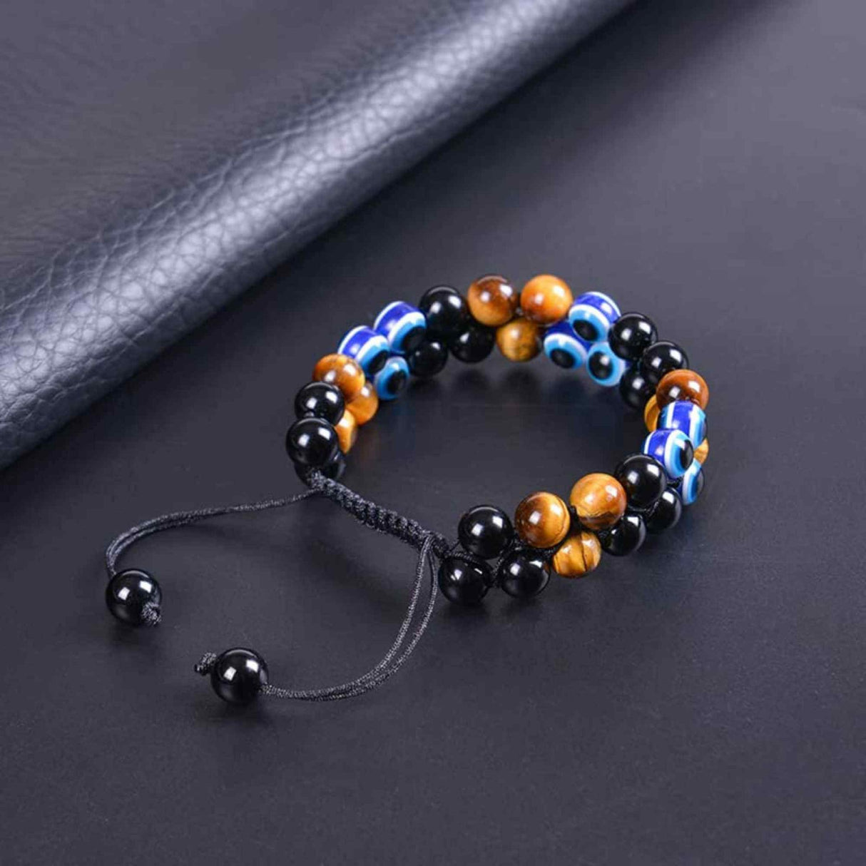 Bratara cu tripla protectie din pietre naturale 8mm Ochi de tigru natural, Obsidian negru si "Ochiul rau" - Pentru noroc si prosperitate, fericire