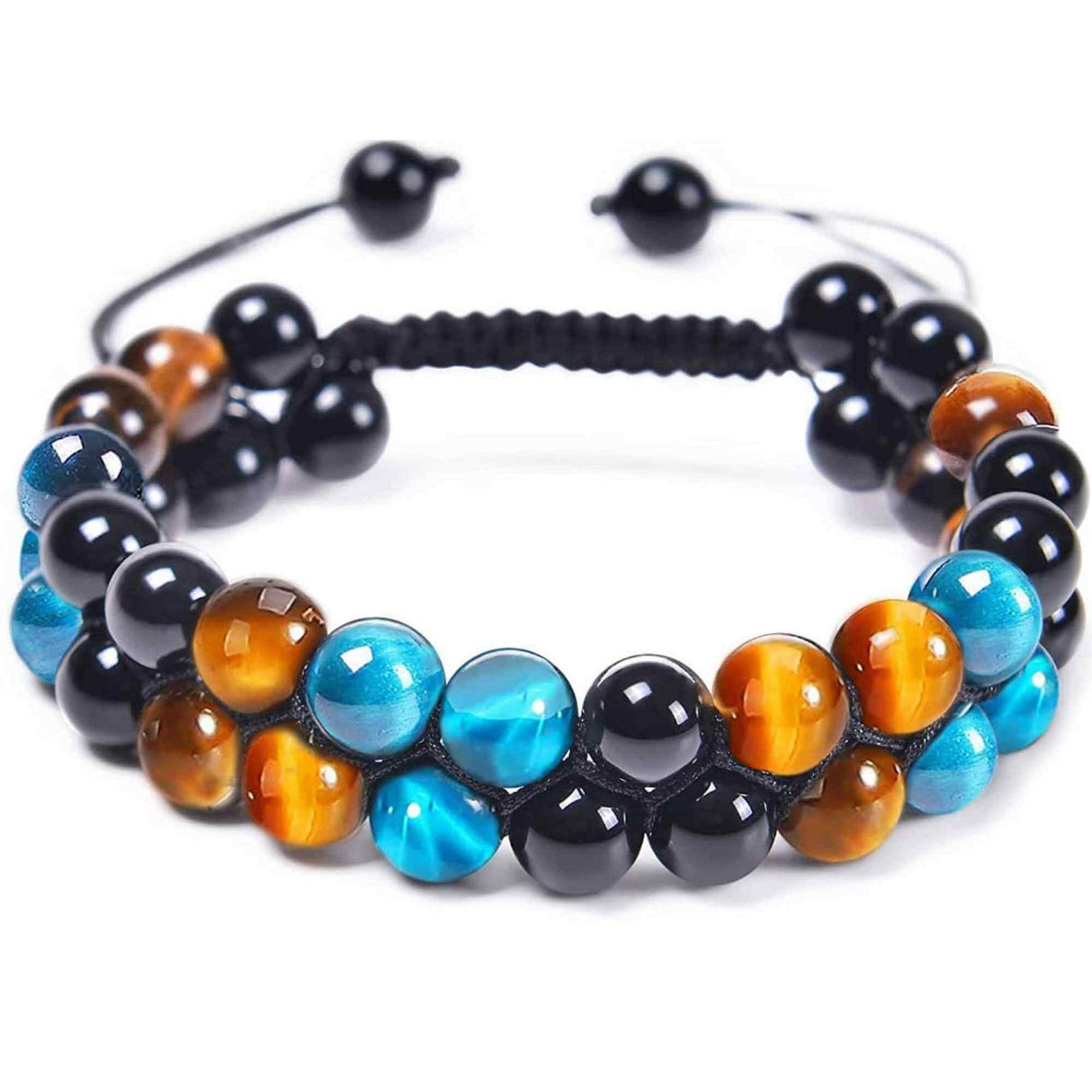 Bratara energetica cu tripla protectie, realizata din pietre semipretioase Obsidian, Ochi de tigru galben si Ochi de tigru albastru de 8 mm – bratara pentru noroc, protectie, stare de bine