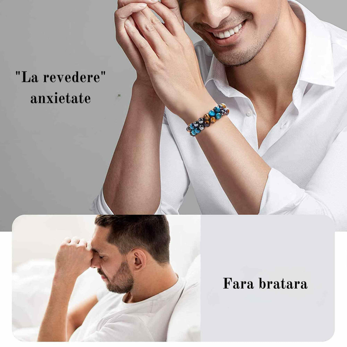 Bratara energetica cu tripla protectie, realizata din pietre semipretioase hematit, ochi de tigru galben si ochi de tigru albastru de 8 mm – bratara pentru energie, protectie, meditatie