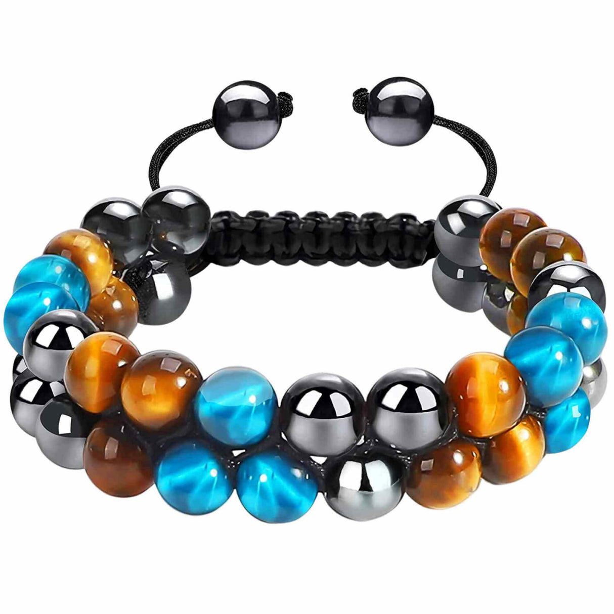 Bratara energetica cu tripla protectie, realizata din pietre semipretioase hematit, ochi de tigru galben si ochi de tigru albastru de 8 mm – bratara pentru energie, protectie, meditatie