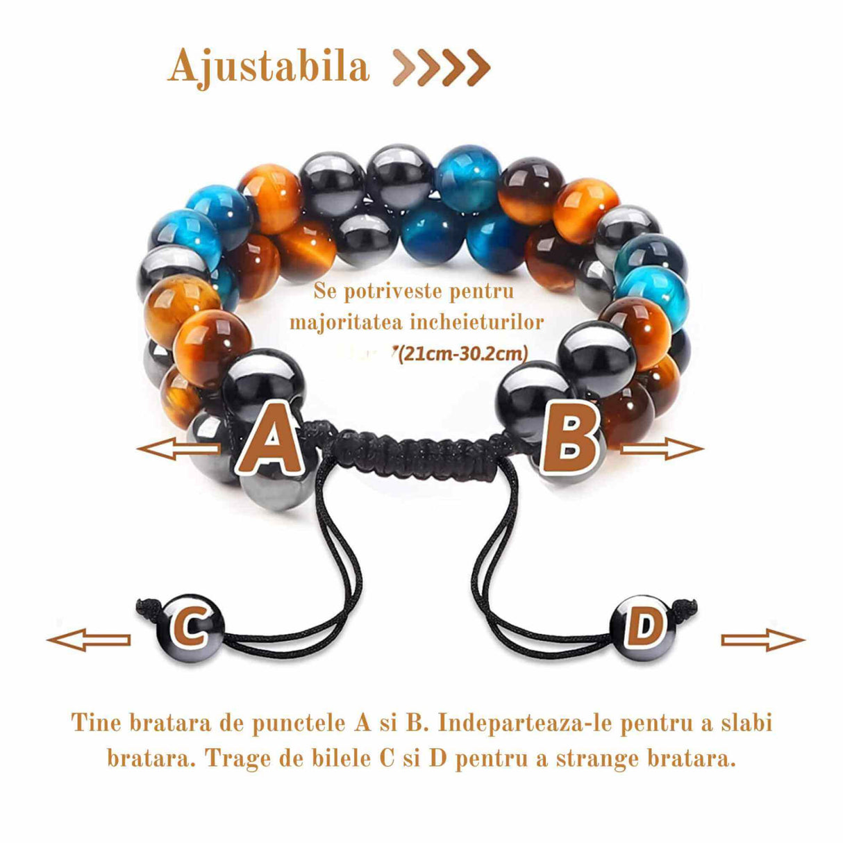 Bratara energetica cu tripla protectie, realizata din pietre semipretioase hematit, ochi de tigru galben si ochi de tigru albastru de 8 mm – bratara pentru energie, protectie, meditatie