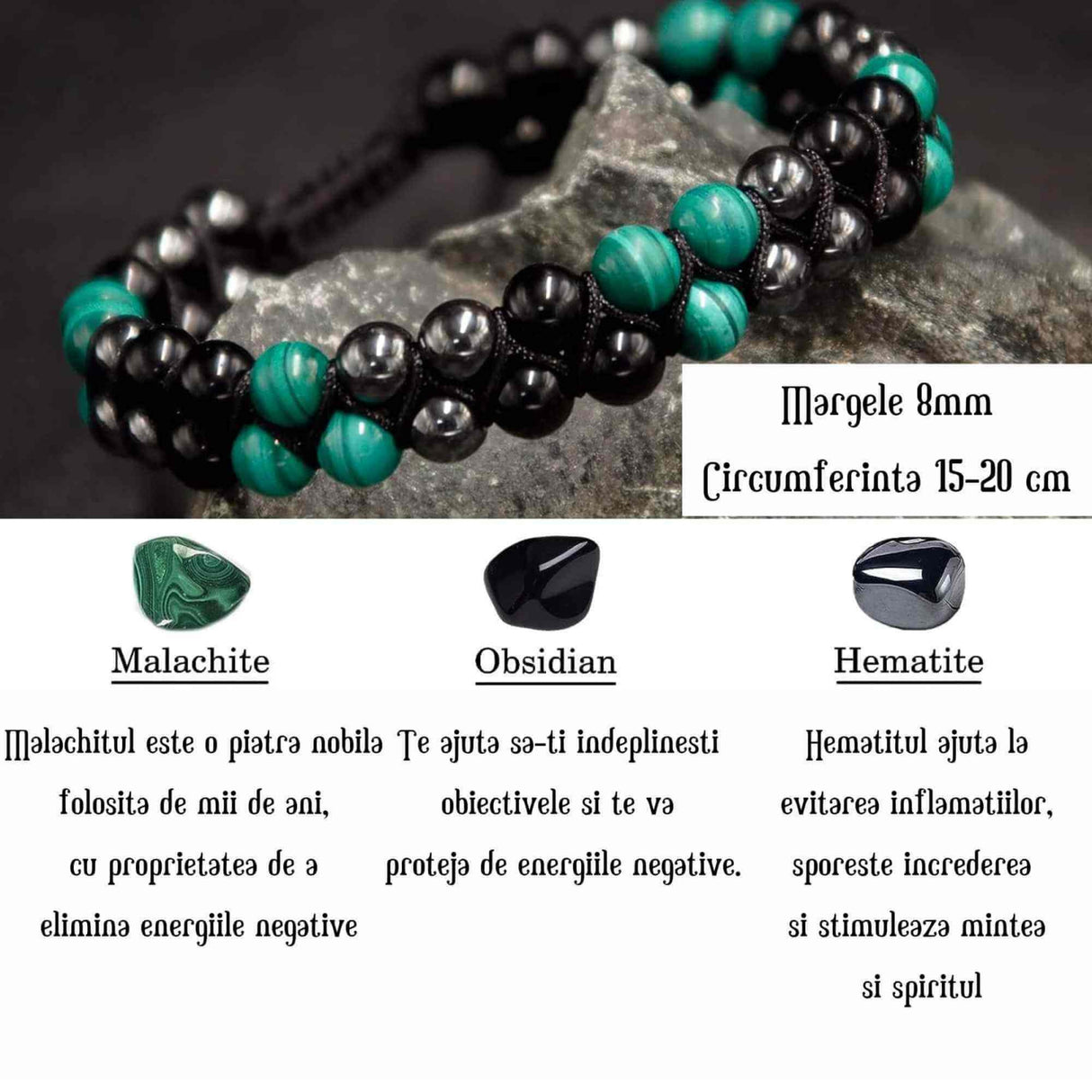 Bratara tripla protectie cu Cristale 8mm de Malachit, Obsidian Negru si Pietre Hematit - Bijuterie Autentica de Vindecare pentru Barbati si Femei
