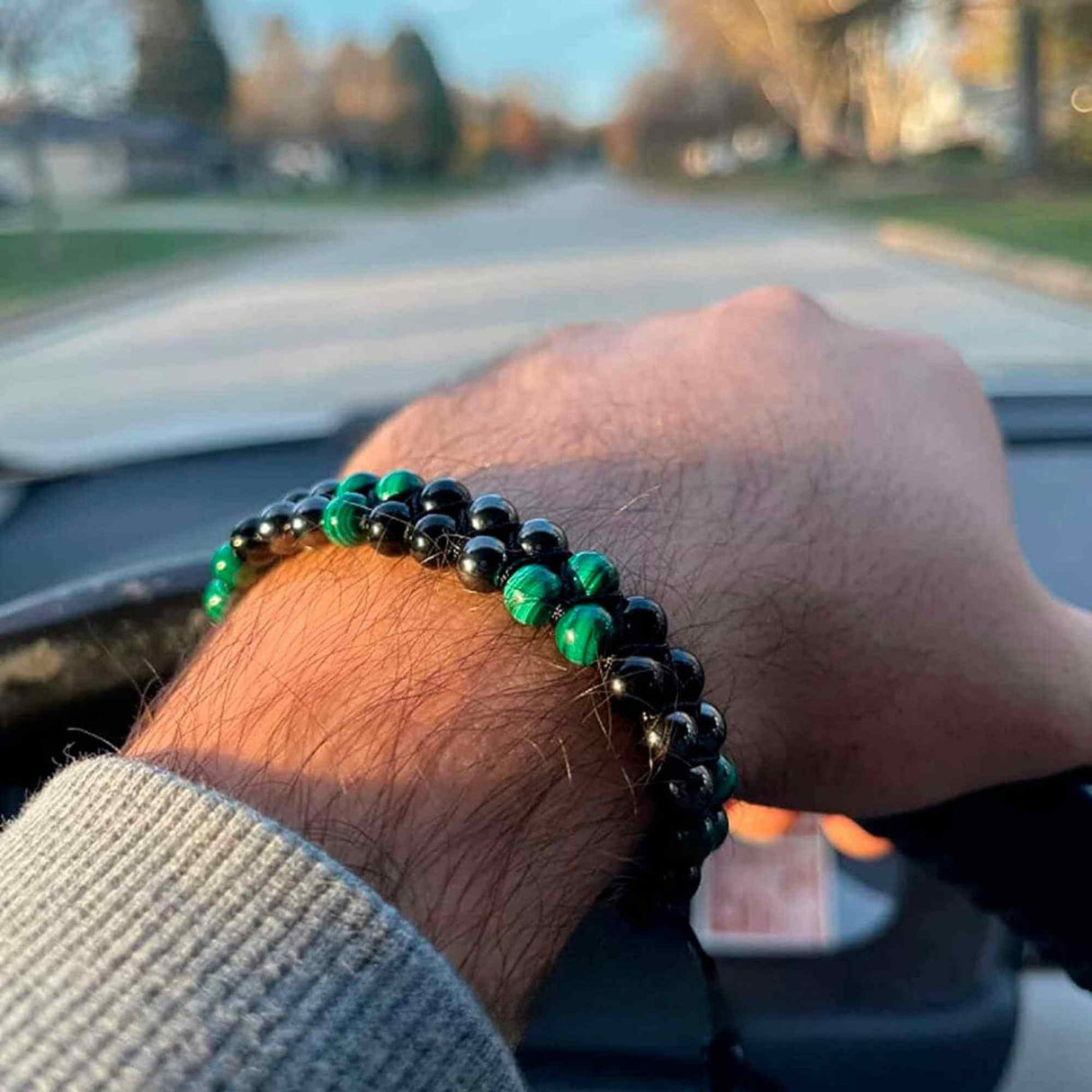 Bratara tripla protectie cu Cristale 8mm de Malachit, Obsidian Negru si Pietre Hematit - Bijuterie Autentica de Vindecare pentru Barbati si Femei