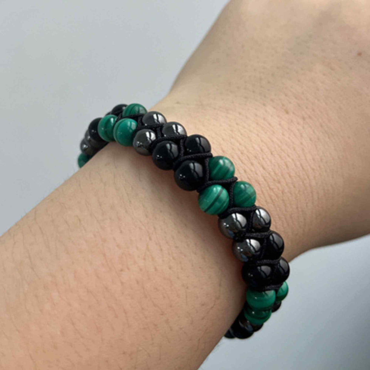 Bratara tripla protectie cu Cristale 8mm de Malachit, Obsidian Negru si Pietre Hematit - Bijuterie Autentica de Vindecare pentru Barbati si Femei