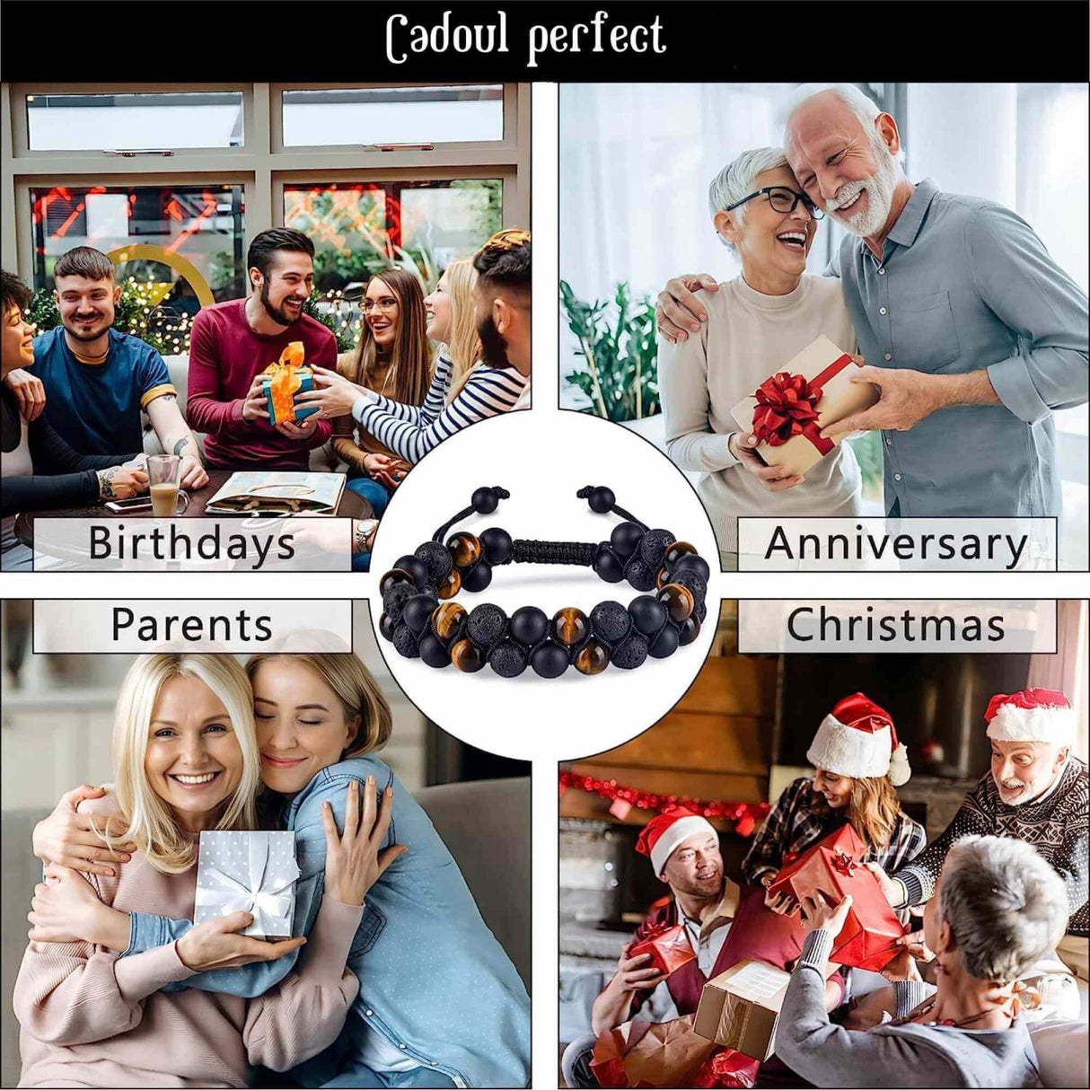 Bratara cu tripla protectie Ochi de tigru, onix negru mat si roca vulcanica - Margele de 8 mm, realizata manual pentru barbati si femei, aduce noroc, prosperitate si fericire