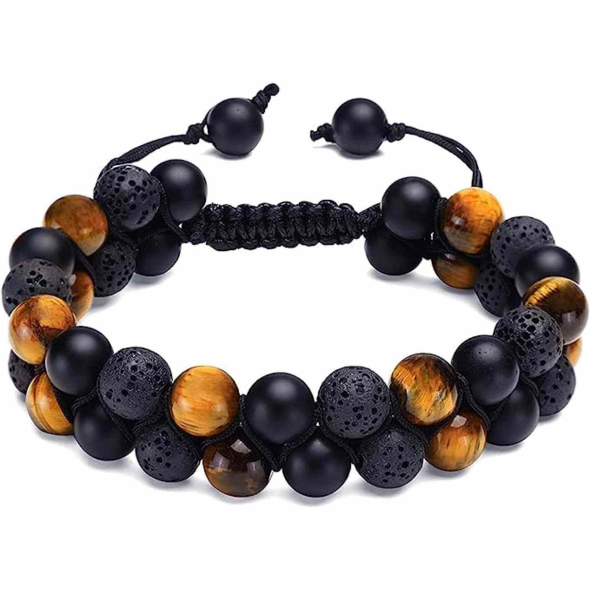 Bratara cu tripla protectie Ochi de tigru, onix negru mat si roca vulcanica - Margele de 8 mm, realizata manual pentru barbati si femei, aduce noroc, prosperitate si fericire