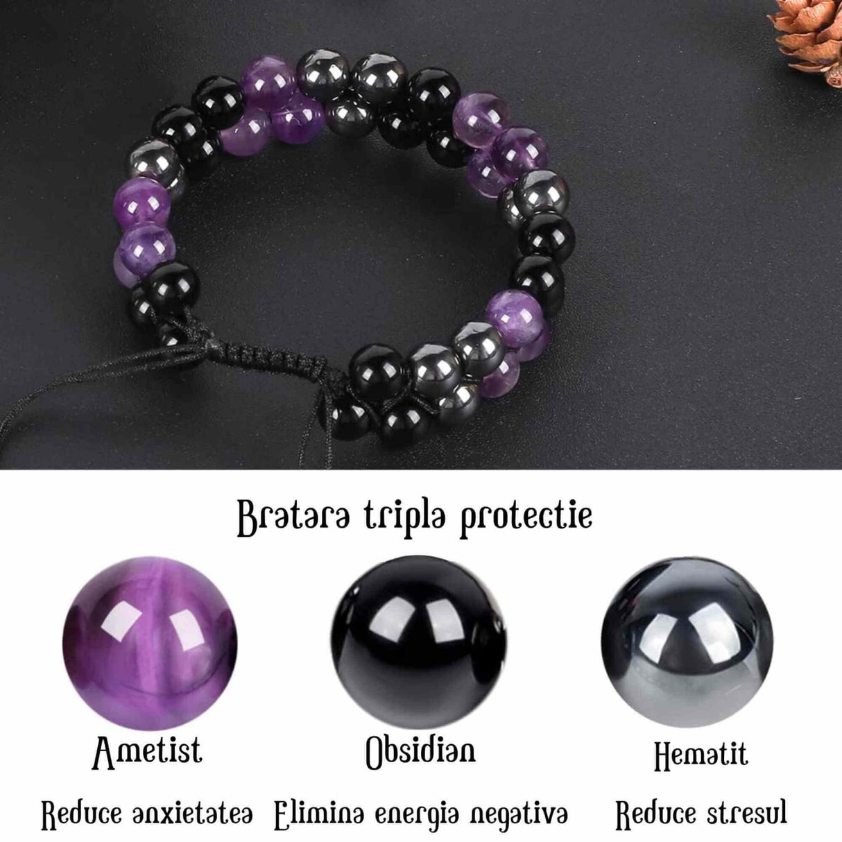 Bratara tripla protectie cu pietre semipretioase 6mm ametist, hematit si obsidian negru - Imbunatateste carisma, norocul si fericirea