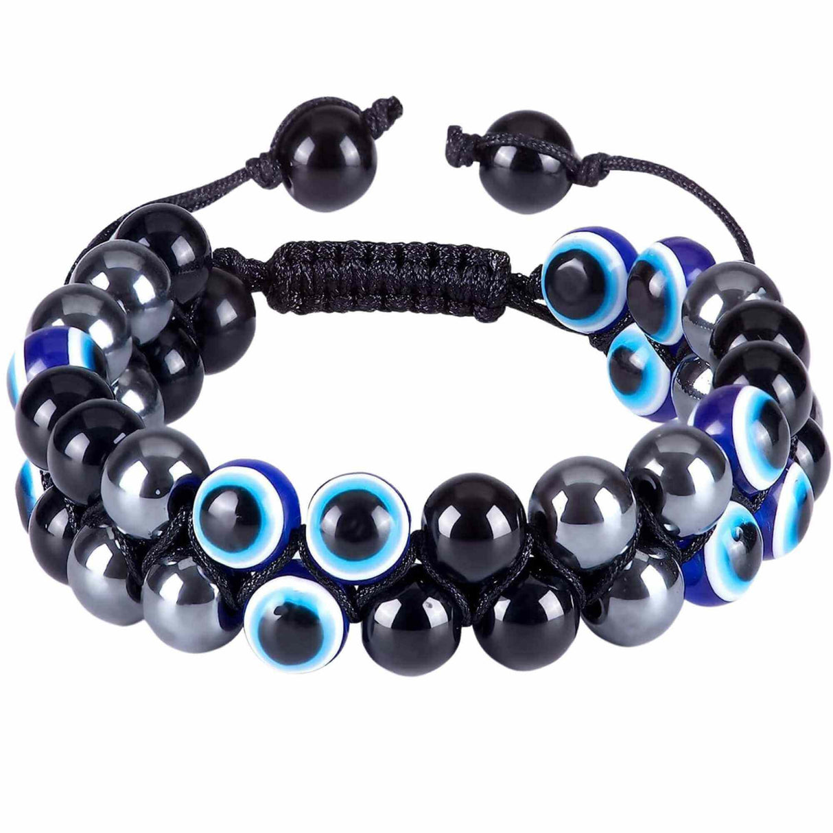 Bratara cu tripla protectie margele 8 mm cu "Ochiul rau", Obsidian negru si Hematit - Aduce noroc si bogatie