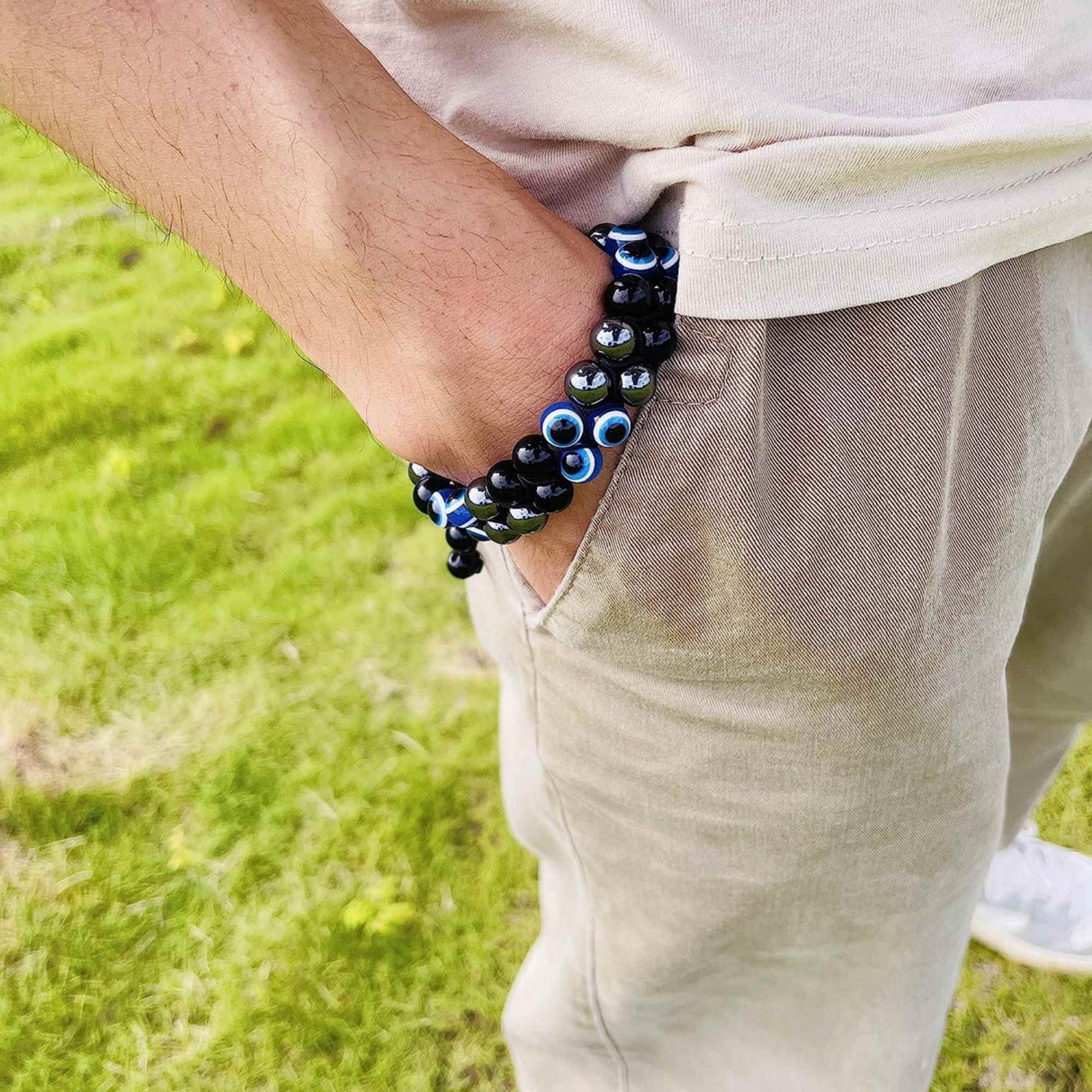 Bratara cu tripla protectie margele 8 mm cu "Ochiul rau", Obsidian negru si Hematit - Aduce noroc si bogatie