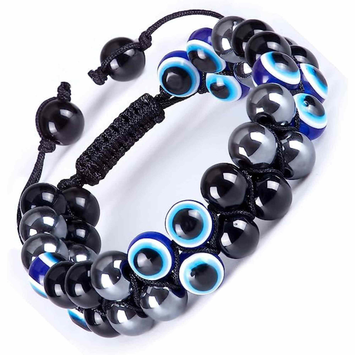 Bratara cu tripla protectie margele 8 mm cu "Ochiul rau", Obsidian negru si Hematit - Aduce noroc si bogatie