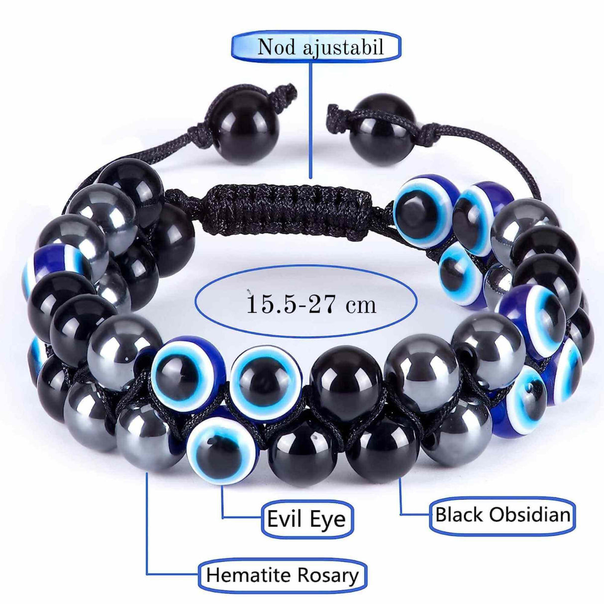Bratara cu tripla protectie margele 8 mm cu "Ochiul rau", Obsidian negru si Hematit - Aduce noroc si bogatie