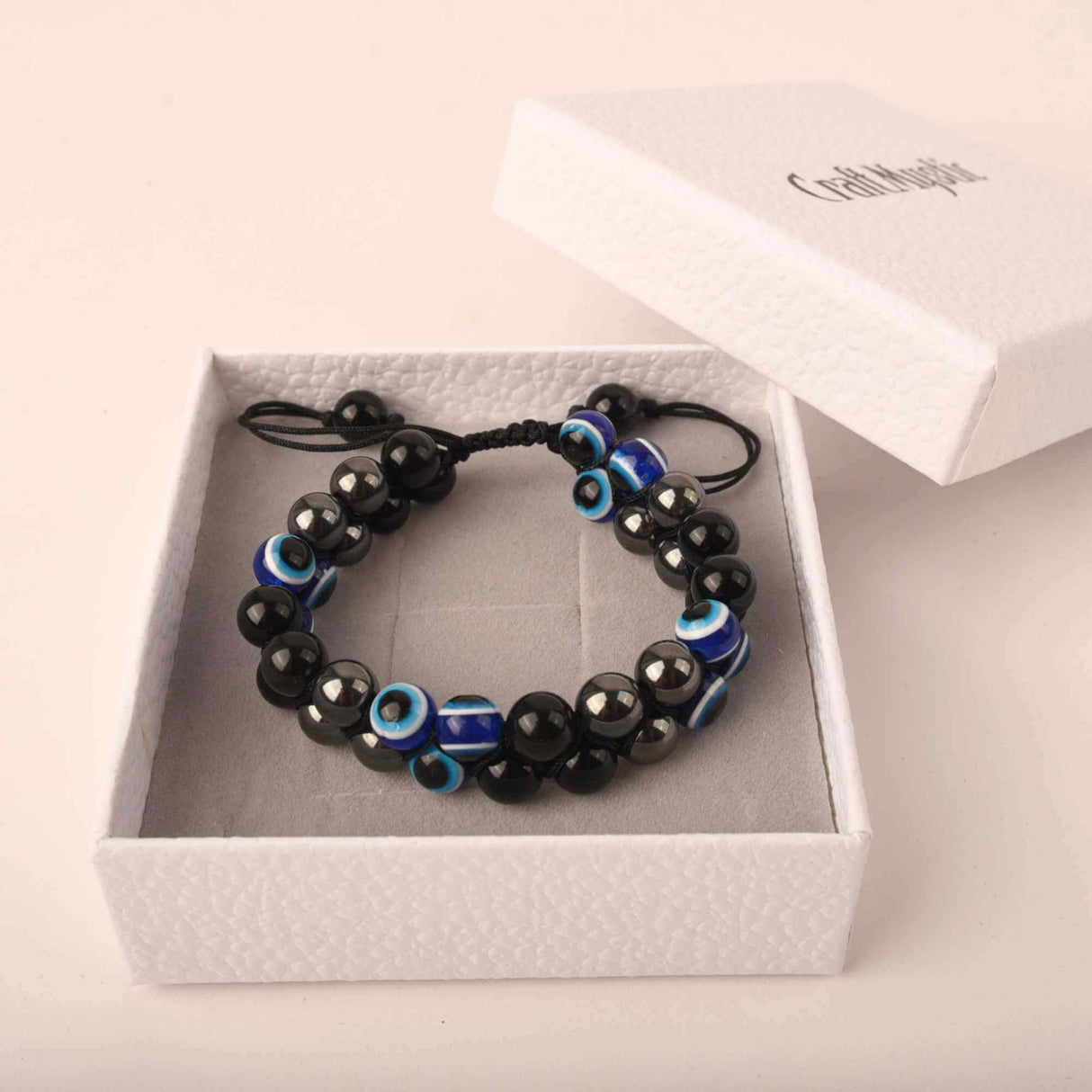 Bratara cu tripla protectie margele 8 mm cu "Ochiul rau", Obsidian negru si Hematit - Aduce noroc si bogatie