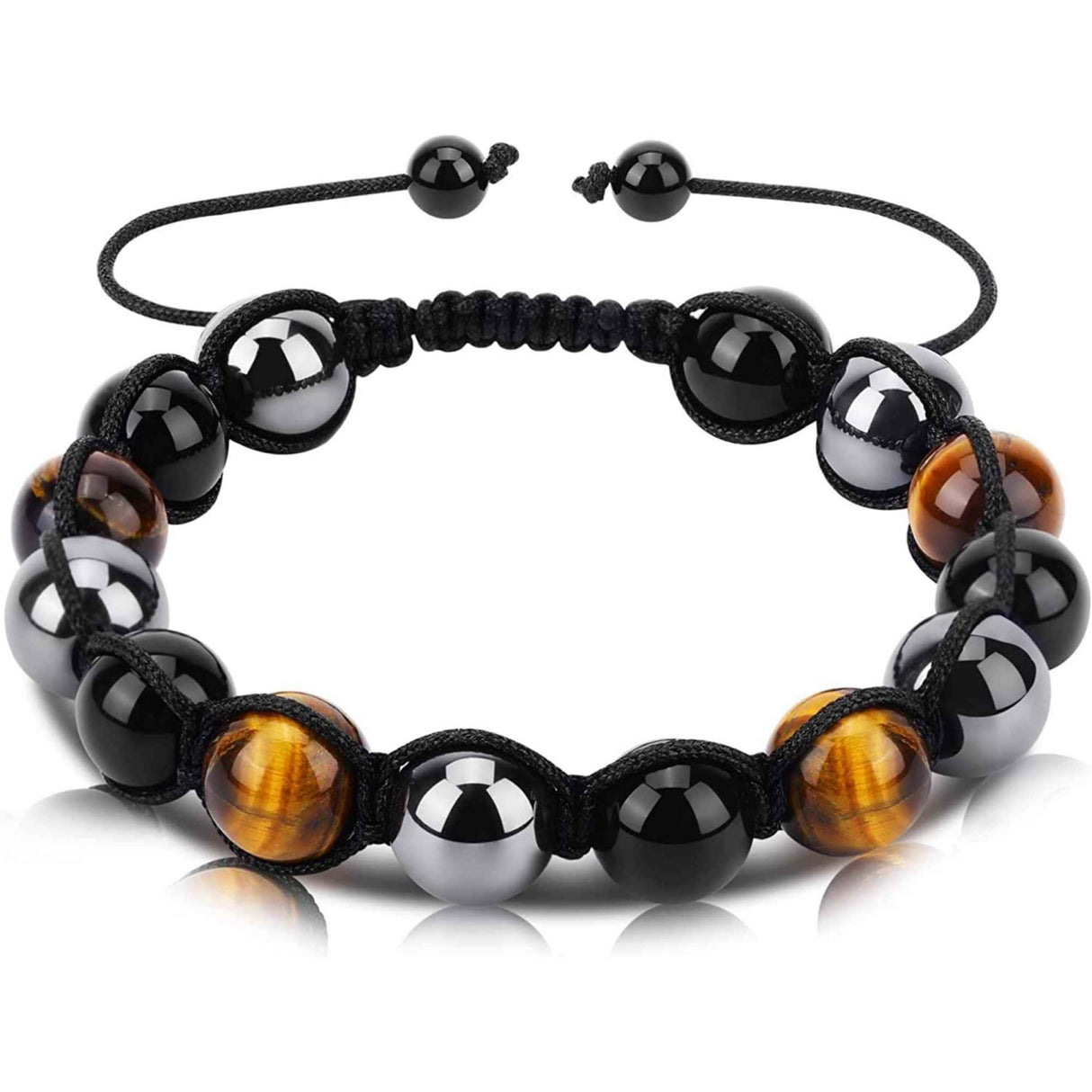 Bratara reglabila cu tripla protectie din obsidian negru, ochi de tigru si hematit 10 mm - bratara feng shui pentru protectie, noroc si prosperitate