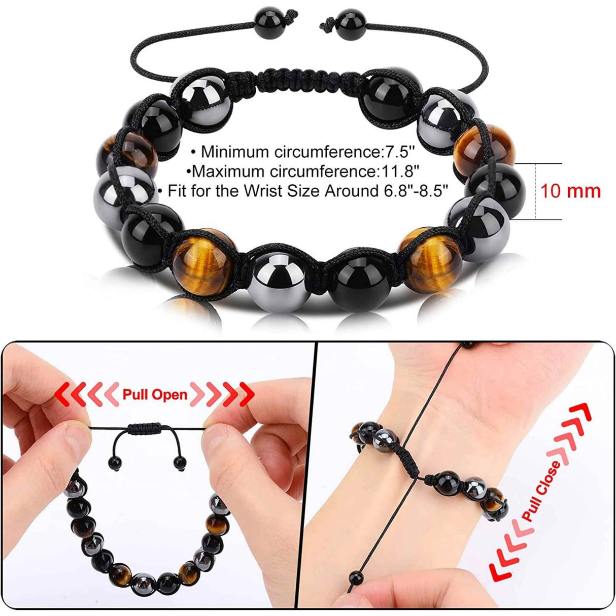 Bratara reglabila cu tripla protectie din obsidian negru, ochi de tigru si hematit 10 mm - bratara feng shui pentru protectie, noroc si prosperitate