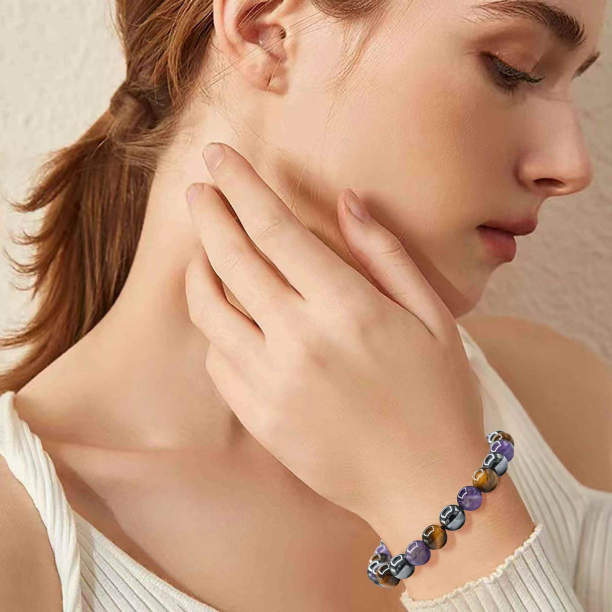 Bratara din pietre semipretioase in forma de margele 8mm de Hematit, Ochi de Tigru si Ametist - Te poate ajuta sa renunti la fumat