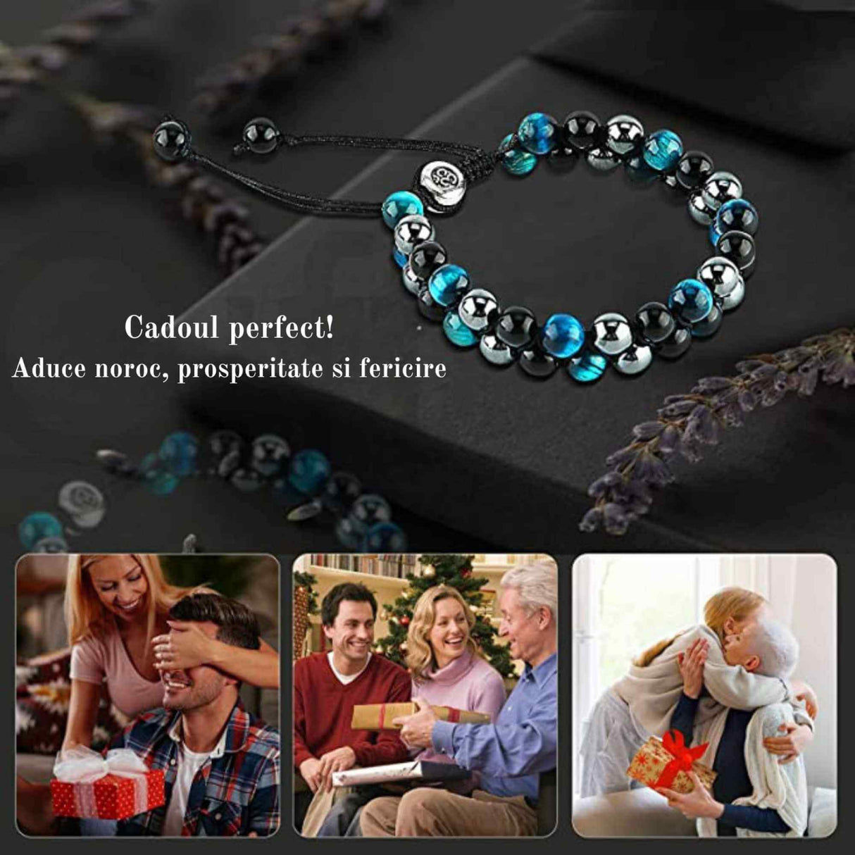 Bratara tripla protectie cu margele 8mm din 3 pietre semipretioase: Ochi de tigru albastru, Hematita si Obsidian