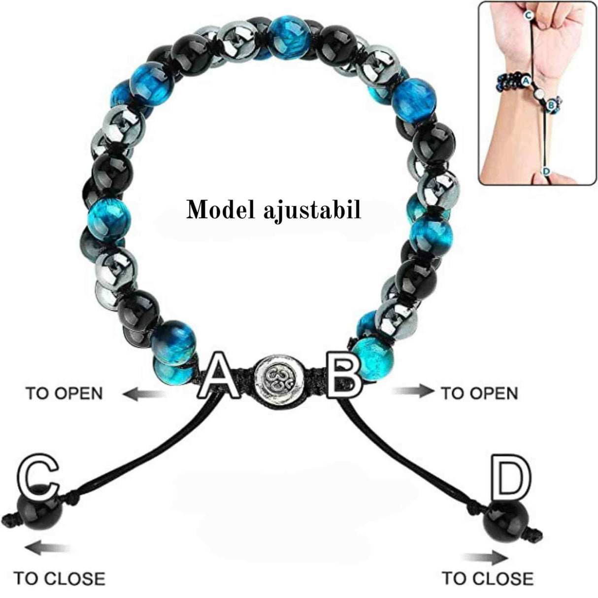 Bratara tripla protectie cu margele 8mm din 3 pietre semipretioase: Ochi de tigru albastru, Hematita si Obsidian