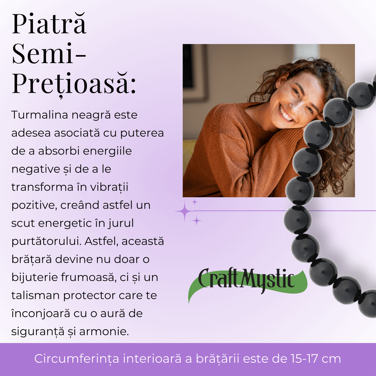 Bratara Elastica cu Margele de Turmalina Neagra de 8mm – Protectie si Echilibru