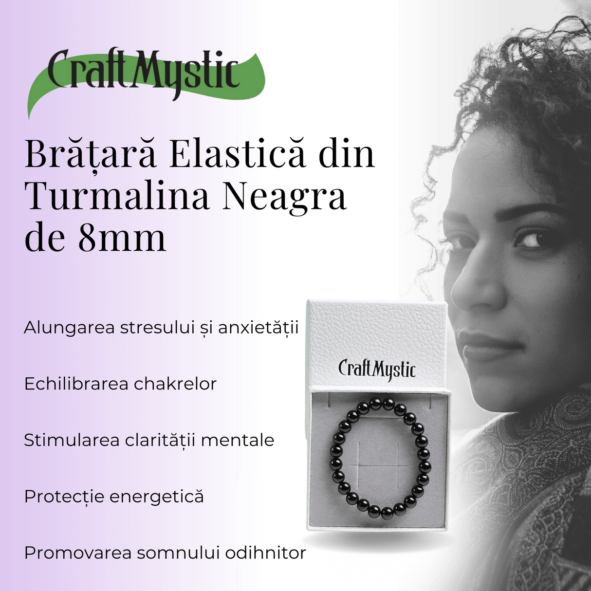 Bratara Elastica cu Margele de Turmalina Neagra de 8mm – Protectie si Echilibru