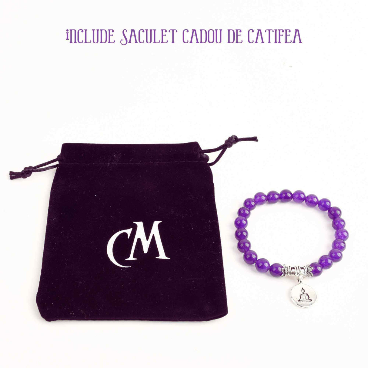 Bratara zen cu cristale semipretioase din ametist 8 mm si pandantiv argintiu gravat cu Buddha Feng shui pentru meditatie, liniste, echilibru