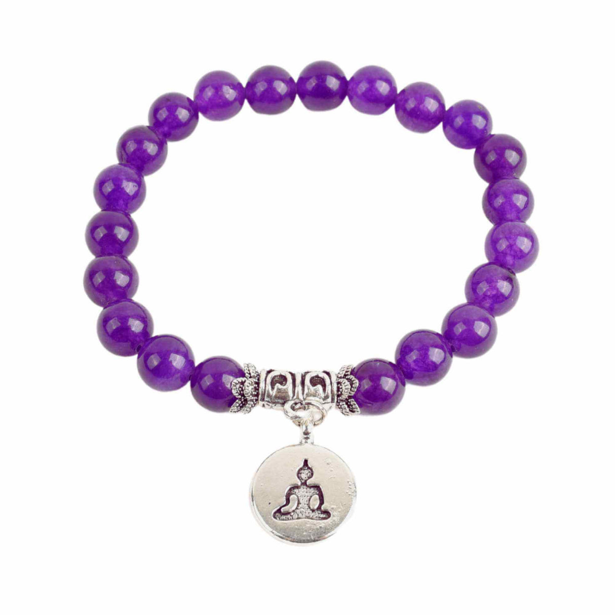 Bratara zen cu cristale semipretioase din ametist 8 mm si pandantiv argintiu gravat cu Buddha - Bratara feng shui pentru meditatie, liniste, echilibru