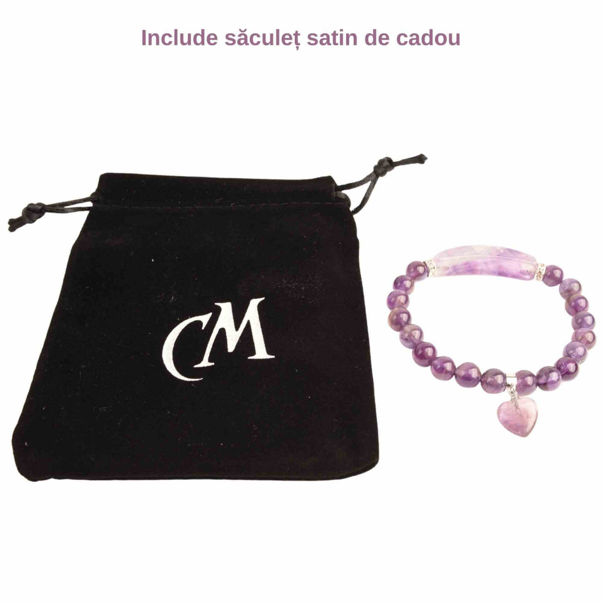 Bratara zen cu pietre semipretioase Ametist si pandantiv scluptat in forma de inima - bratara feng shui pentru meditatie, liniste, echilibru