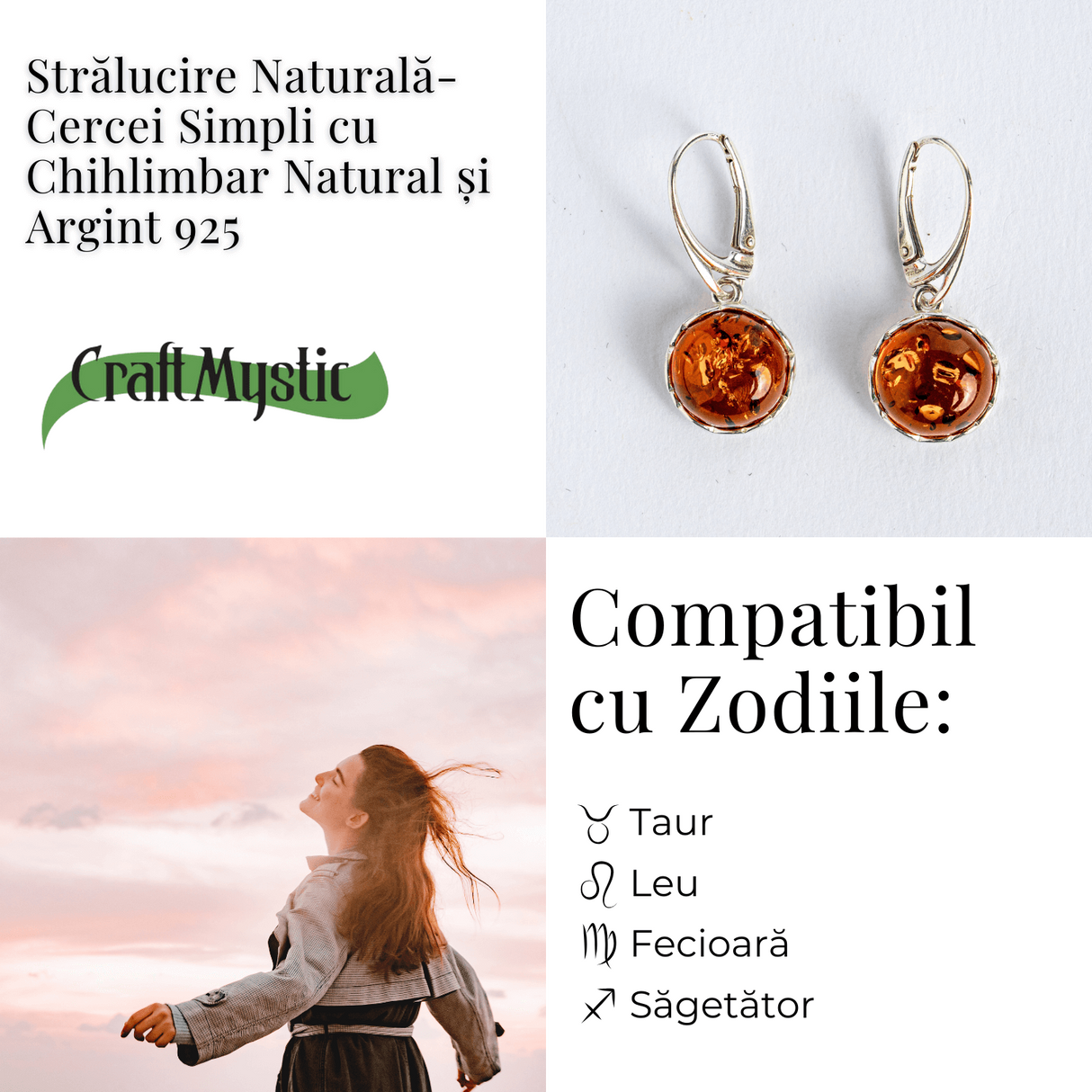 Piatra caldurii si linistii – Cercei simpli cu chihlimbar si montura argint 925