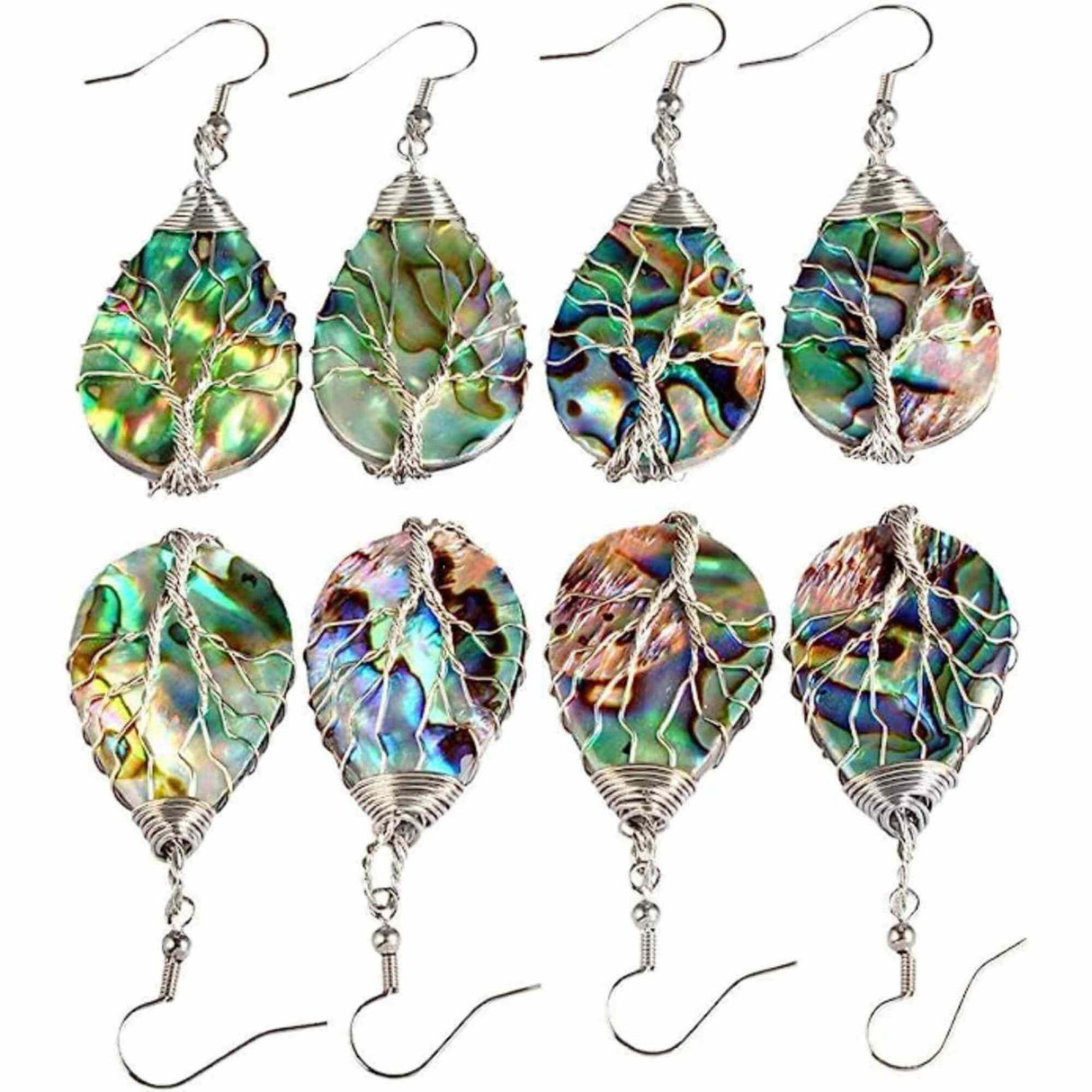 Cercei din scoici Abalone cu invelis din sarma placata in culoarea argintului sub forma de Arborele vietii