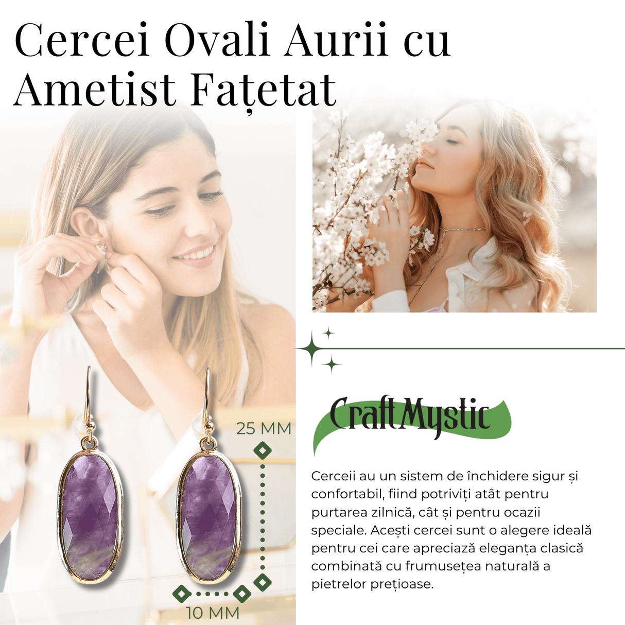 Cercei Ovali cu Piatra Ametist Fatetat Aurii