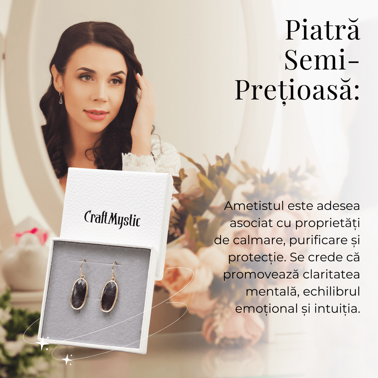 Cercei Ovali cu Piatra Ametist Fatetat Aurii