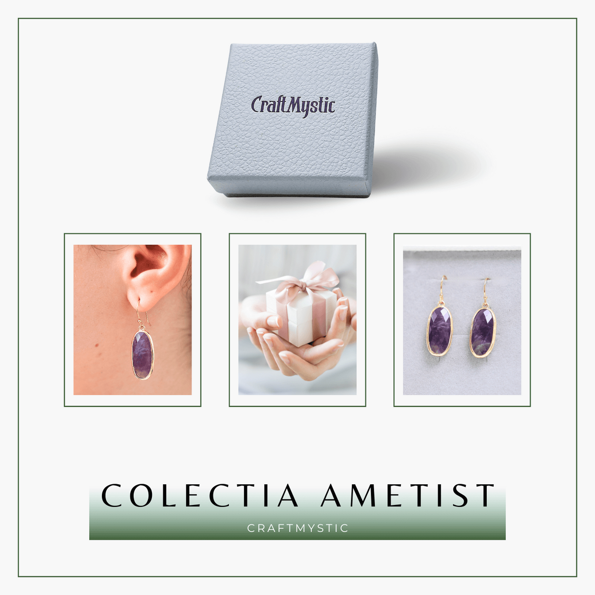 Cercei Ovali cu Piatra Ametist Fatetat Aurii