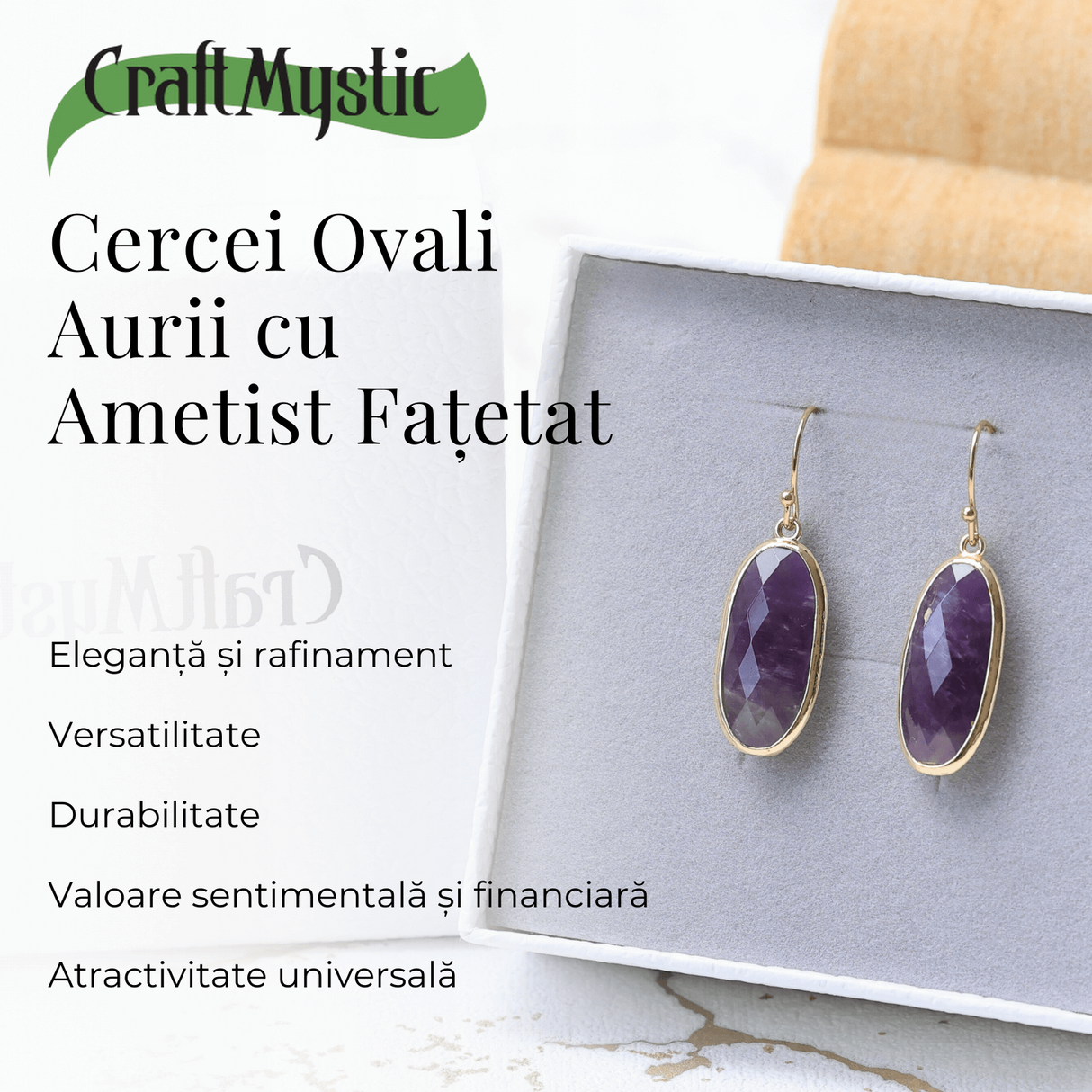 Cercei Ovali cu Piatra Ametist Fatetat Aurii