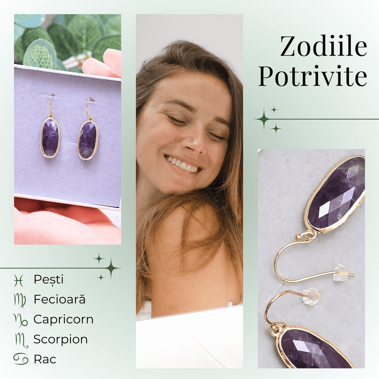 Cercei Ovali cu Piatra Ametist Fatetat Aurii