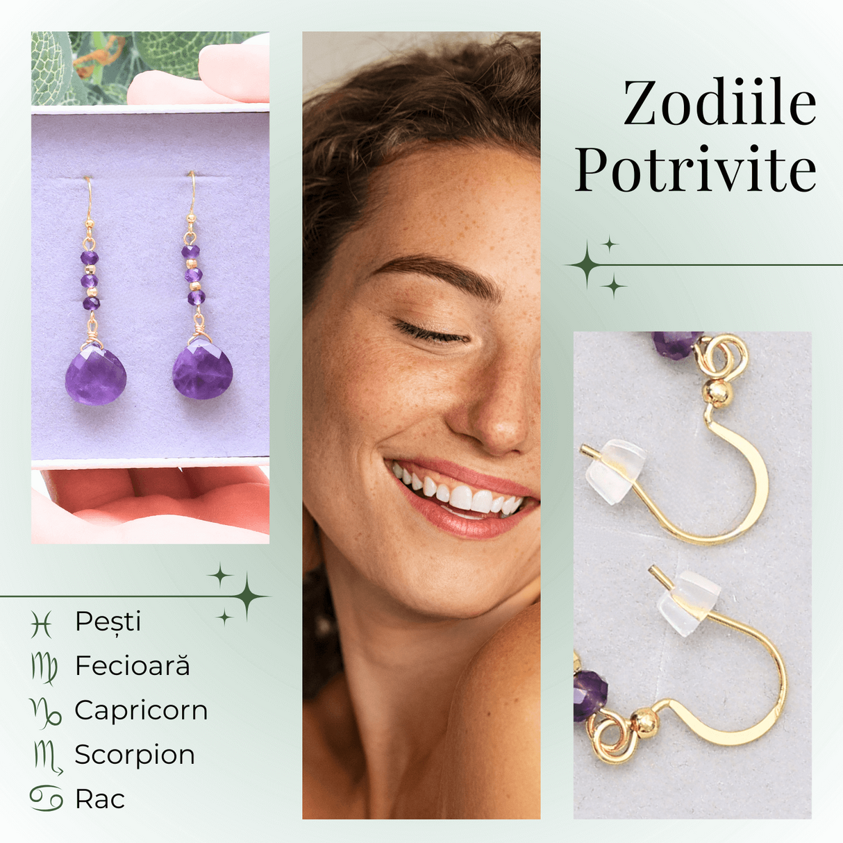 Cercei Rotunzi cu Piatra Ametist Fatetat Aurii