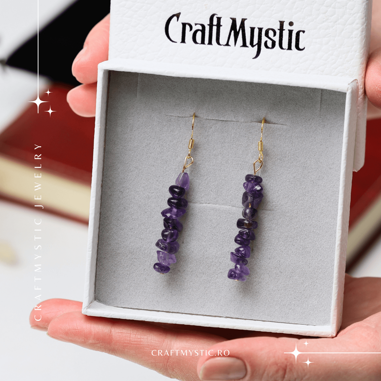 Cercei Lungi cu Pietre Semipretioase de Ametist Natural si Elemente din Alama, Bijuterii Aurii pentru Femei