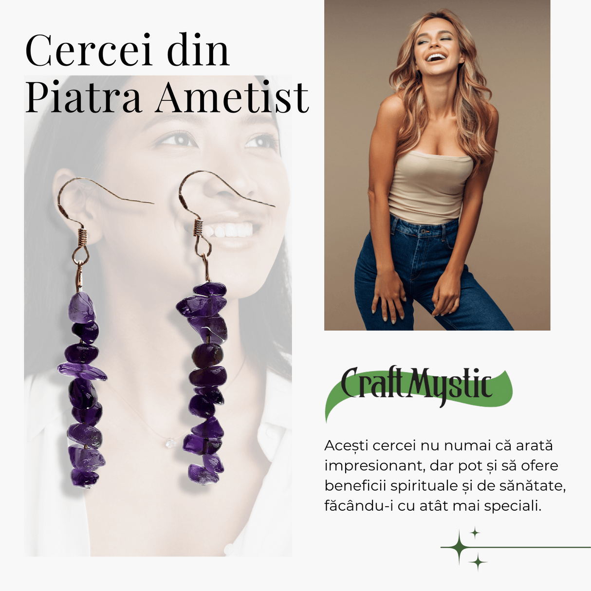 Cercei Lungi cu Pietre Semipretioase de Ametist Natural si Elemente din Alama, Bijuterii Aurii pentru Femei