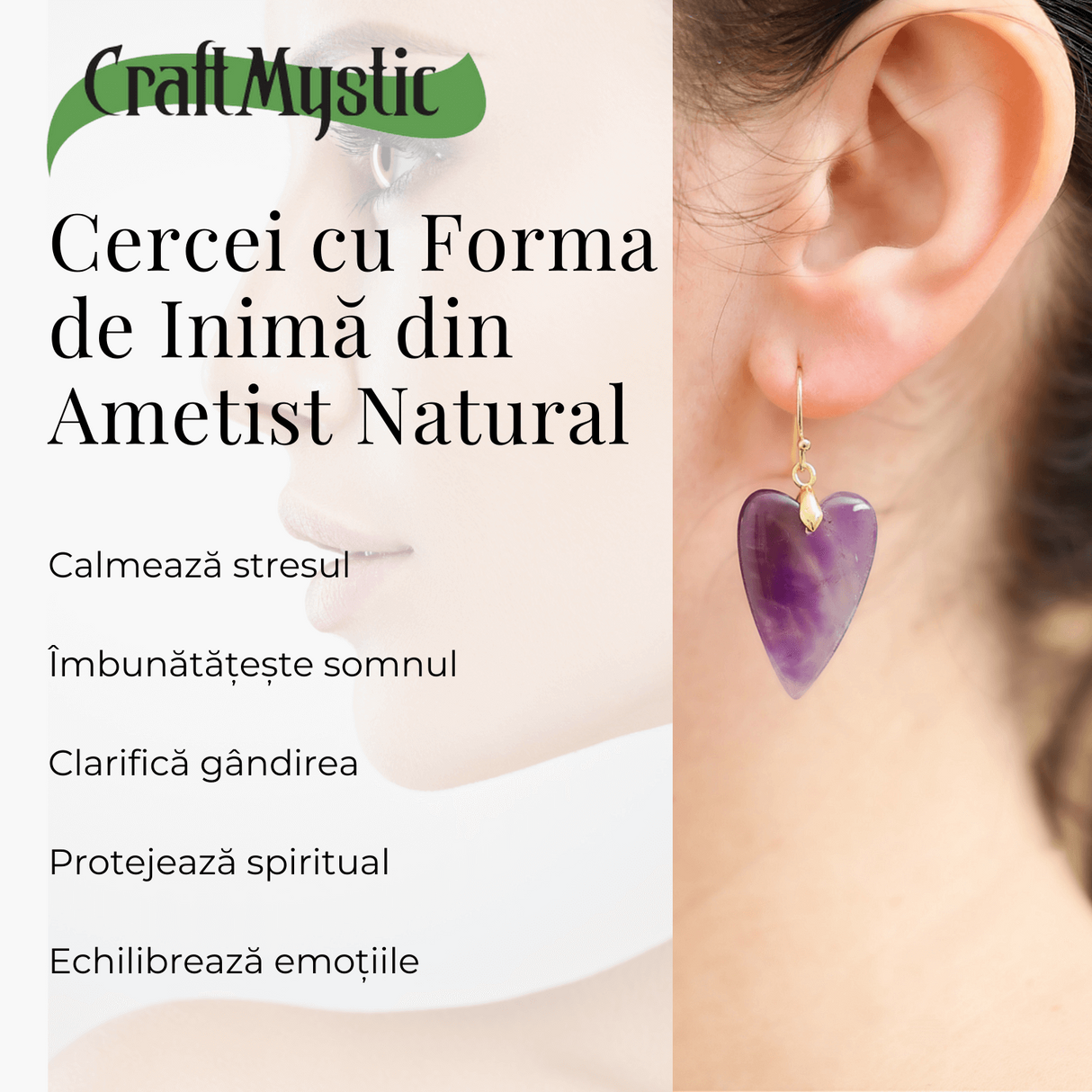 Cercei Aurii in Forma de Inima cu Cristal de Ametist