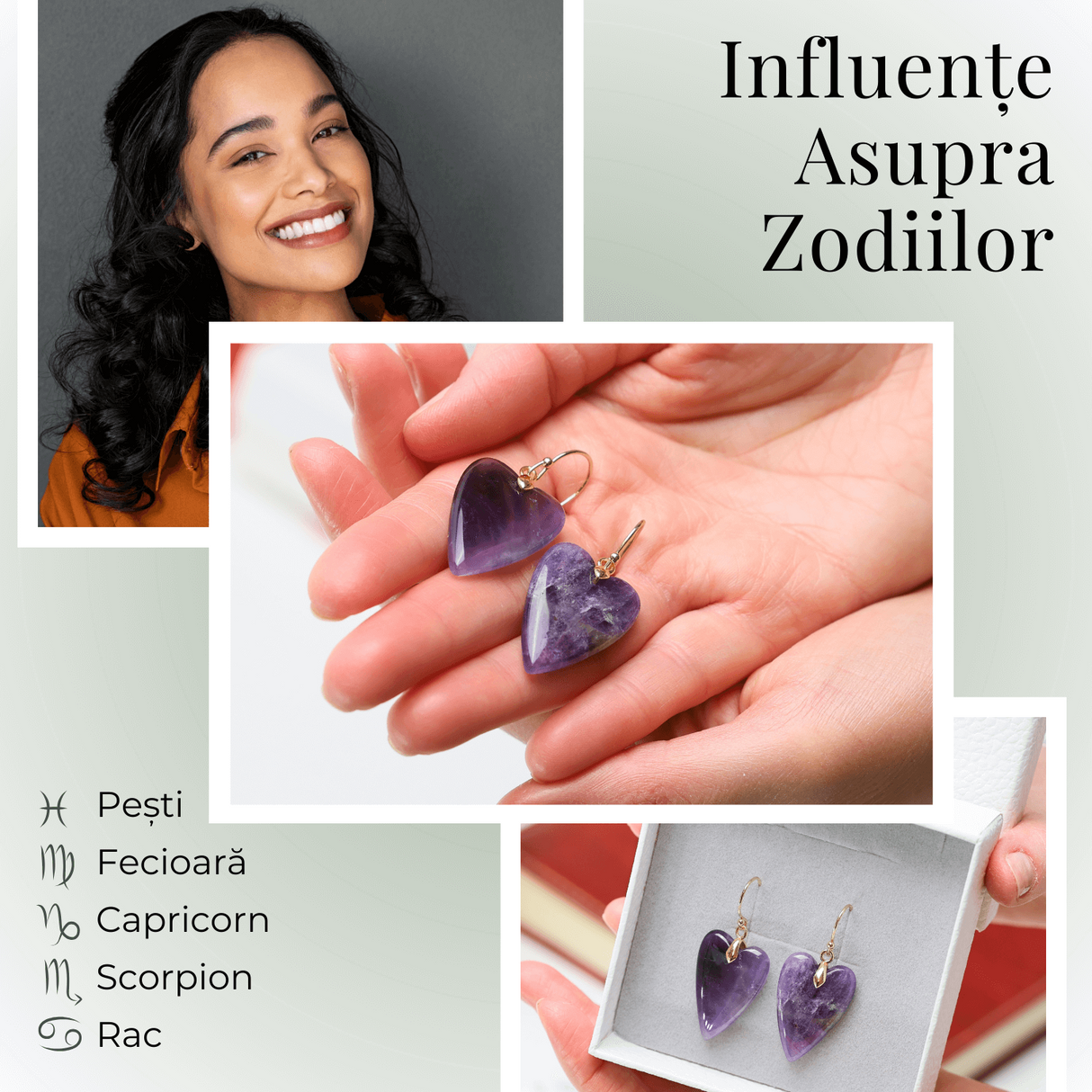 Cercei Aurii in Forma de Inima cu Cristal de Ametist