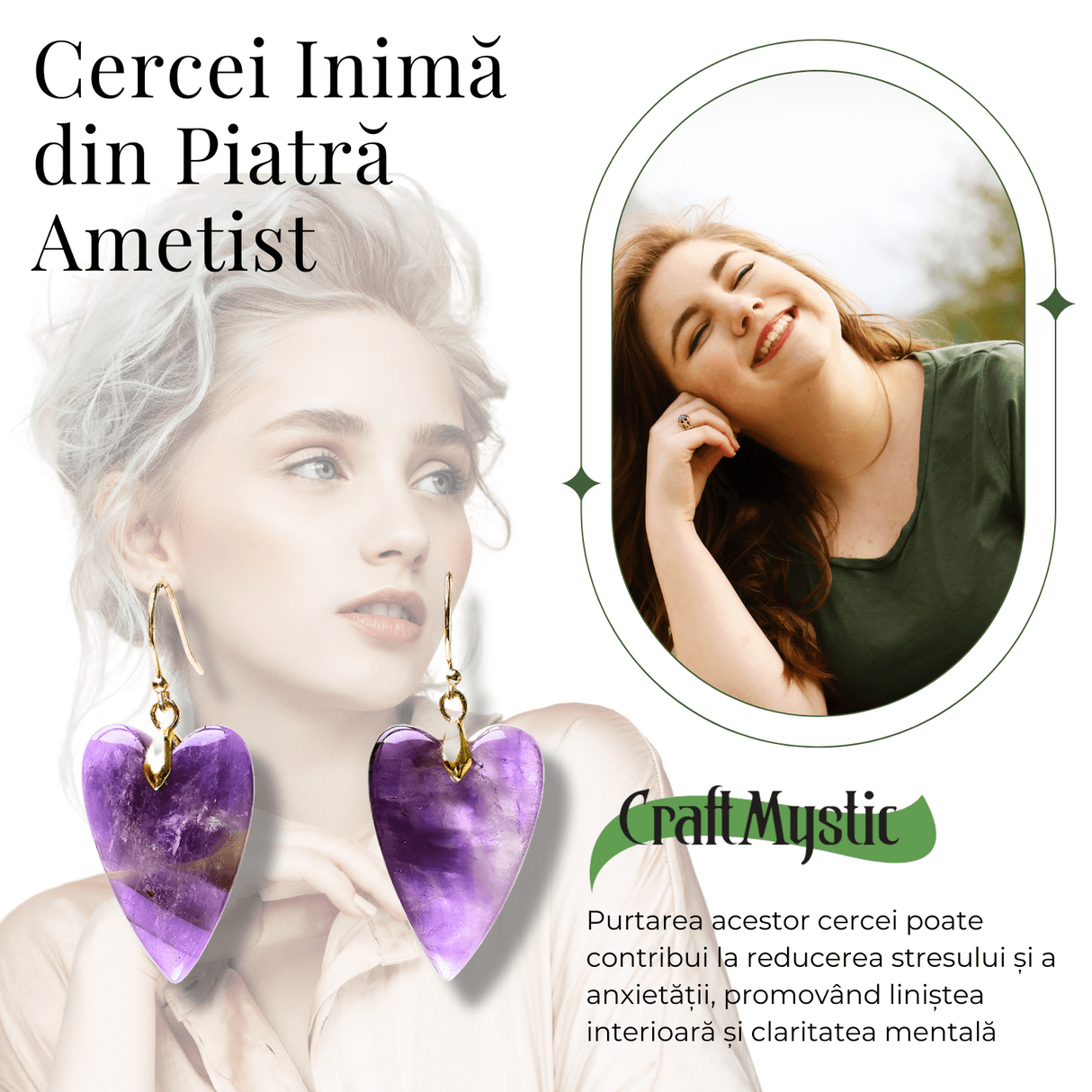 Cercei Aurii in Forma de Inima cu Cristal de Ametist