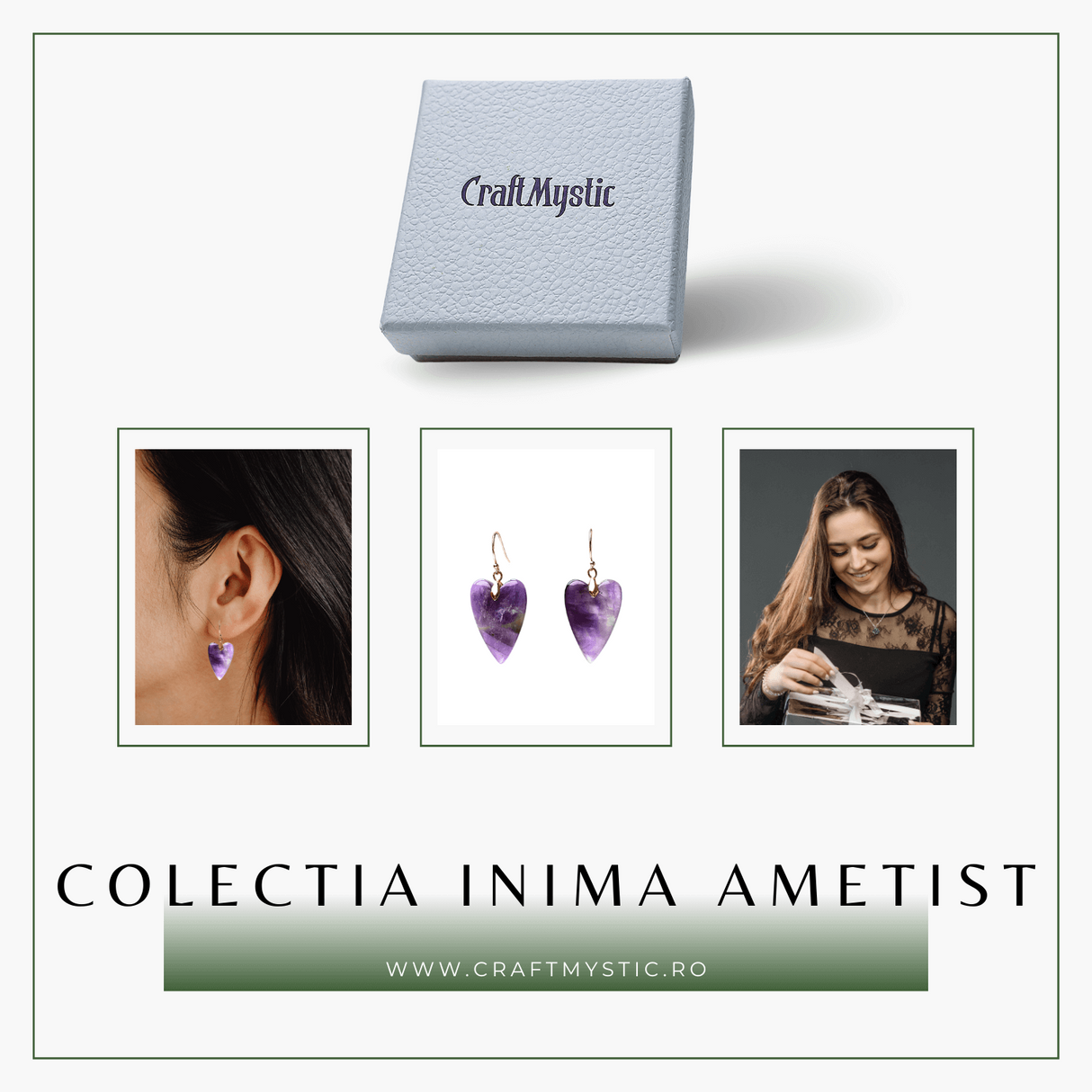 Cercei Aurii in Forma de Inima cu Cristal de Ametist