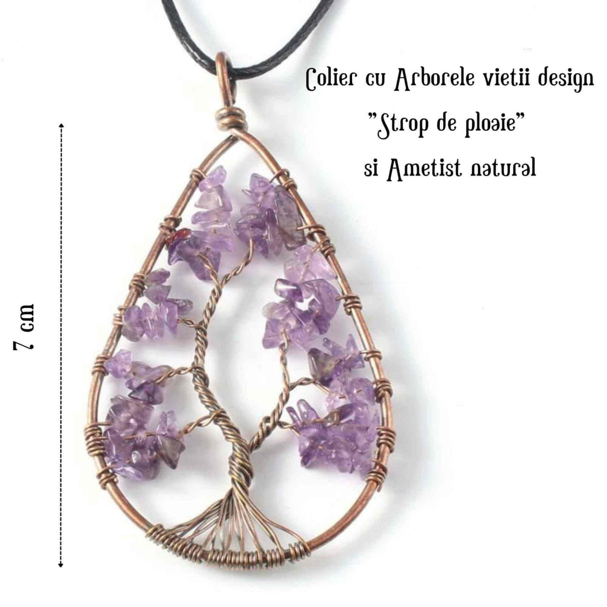 Colier Boho cu Pandantiv in Forma de Lacrima si Arbore al Vietii din Margele de Ametist Natural in Tonuri de Cupru