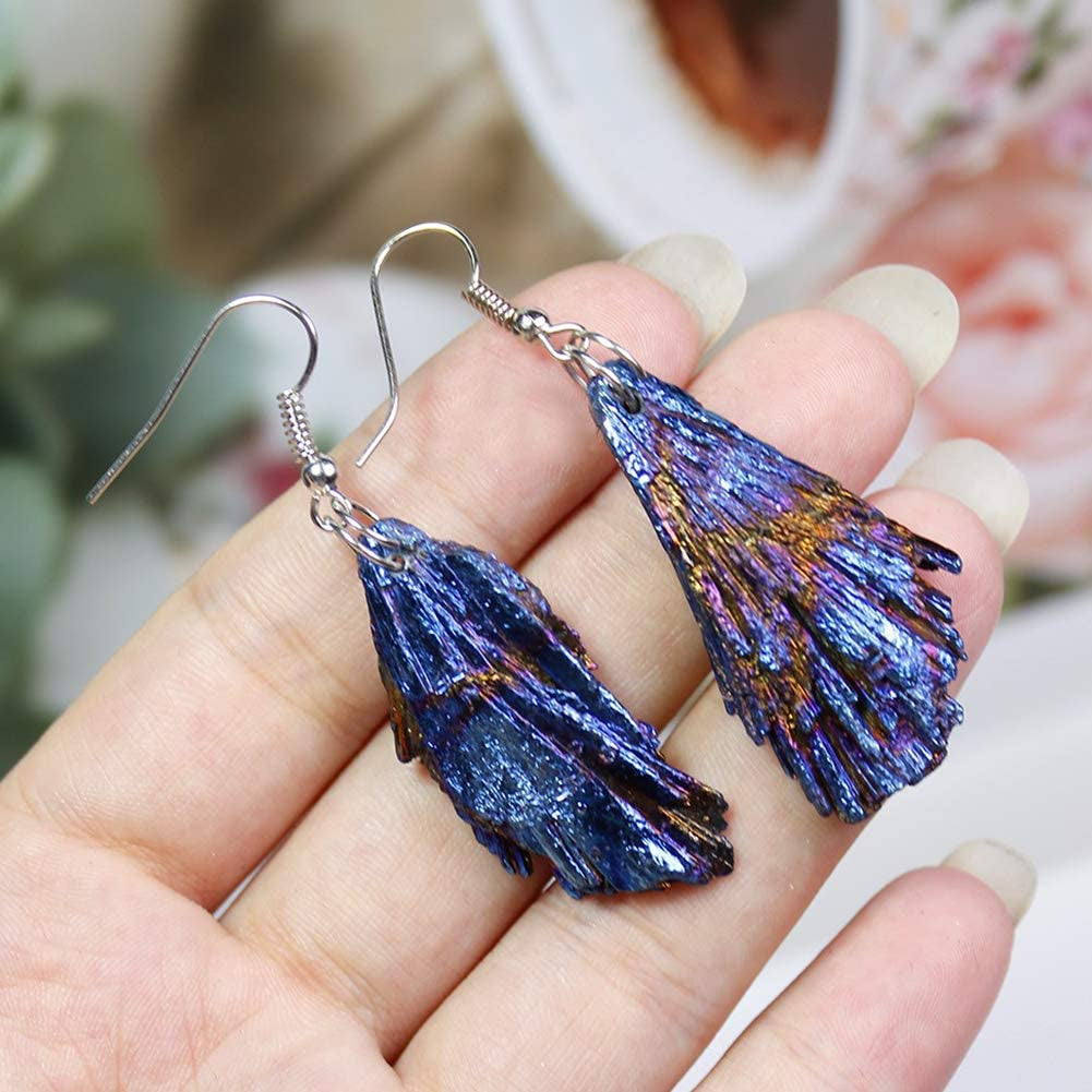 Cercei cu cristal natural din turmalina neagra electroplacat curcubeu si forma de pana 4-5 cm - Bijuterii pentru femei de moda retro