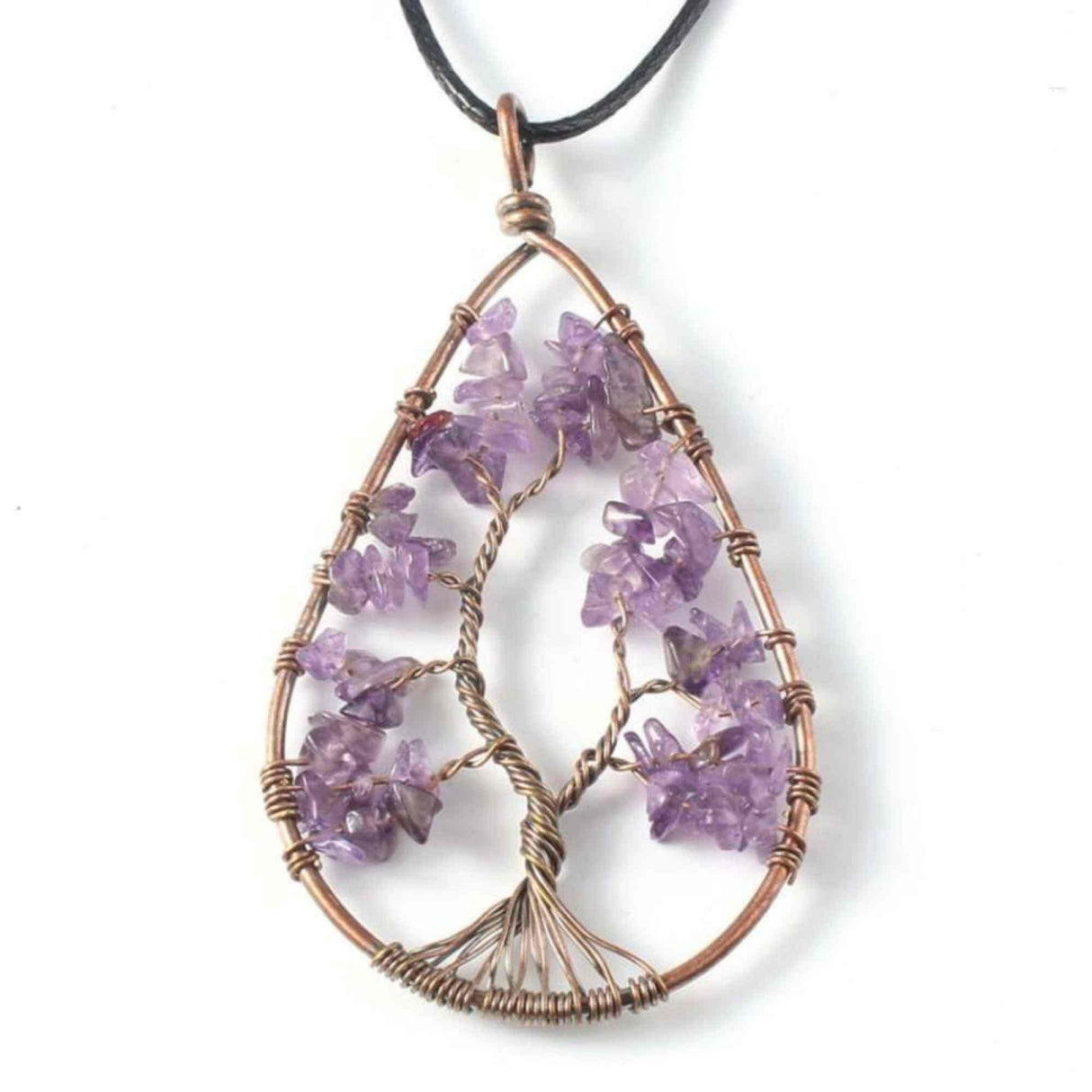 Colier Boho cu Pandantiv in Forma de Lacrima si Arbore al Vietii din Margele de Ametist Natural in Tonuri de Cupru