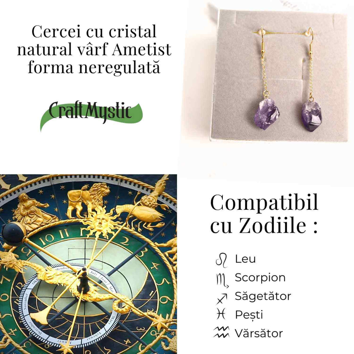 Cercei Aurii model cu Lant si Ametist Brut, Eleganta si Calm Interior