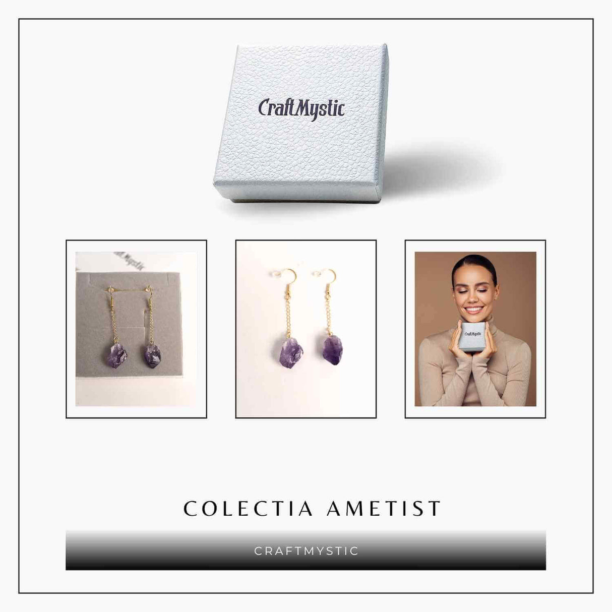 Cercei Aurii model cu Lant si Ametist Brut, Eleganta si Calm Interior