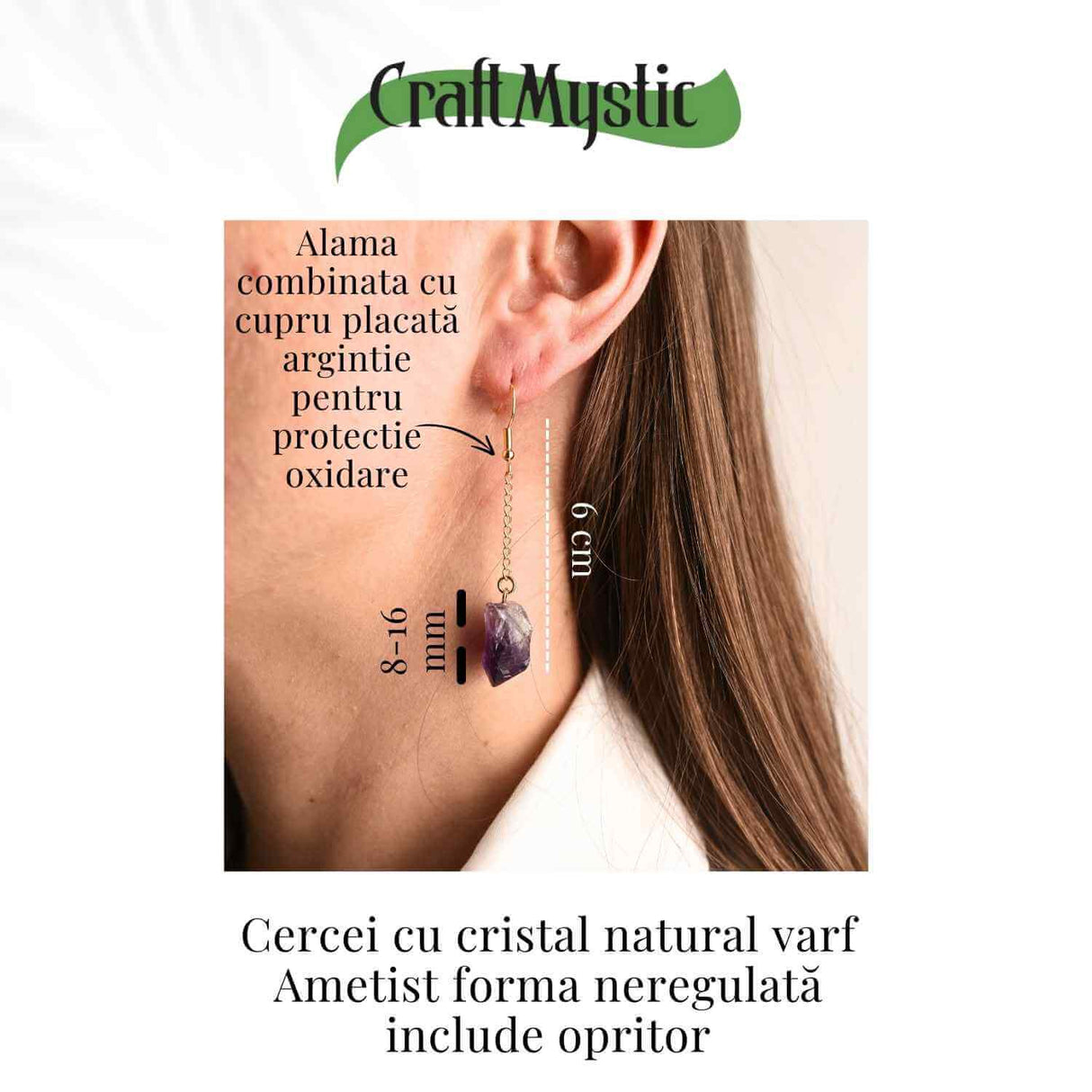 Cercei Aurii model cu Lant si Ametist Brut, Eleganta si Calm Interior