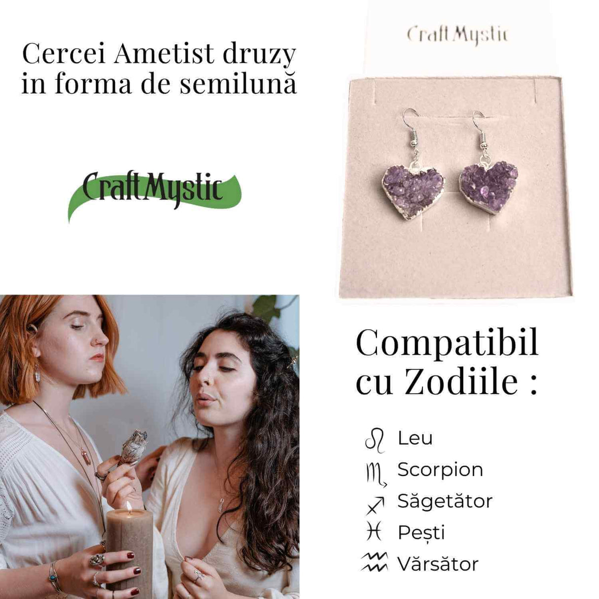 Cercei Argintii cu Ametist Druzy Natural, Forma Inima