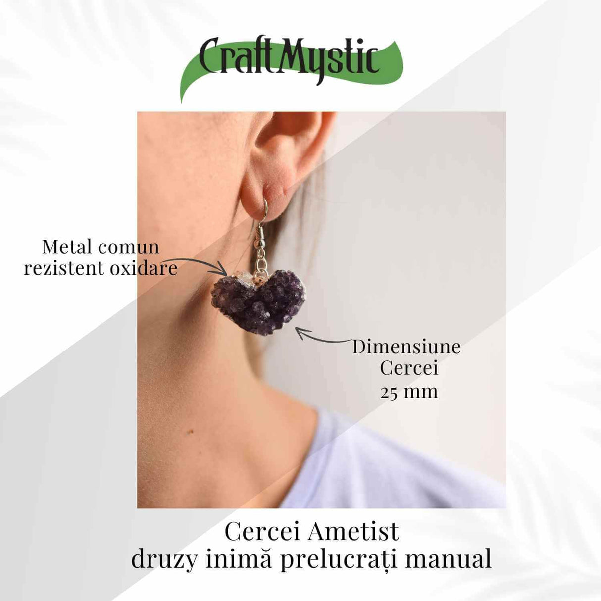 Cercei Argintii cu Ametist Druzy Natural, Forma Inima