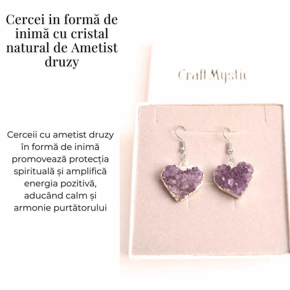 Cercei Argintii cu Ametist Druzy Natural, Forma Inima